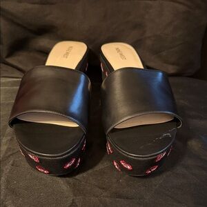 Black Platform Slides with Red Floral Accents